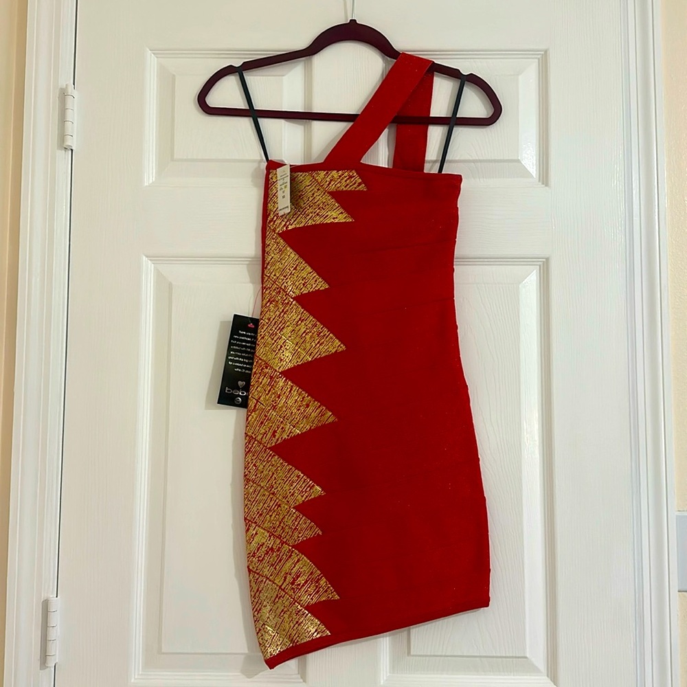 Red and Gold asymmetrical bodycon mini Dress from bebe
